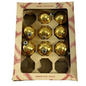 Vintage Coby 8 Gold Glass Ball Christmas Ornaments USA Holiday W Box READ
